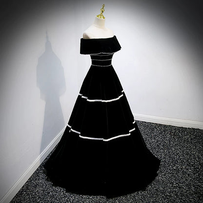 Off The Shoulder Black Velvet Prom Dress Pearl Beaded Birthday Gown  P1259
