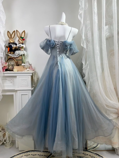 Off The Shoulder Blue A Line Formal Prom Dress Birthday Dress  P1834