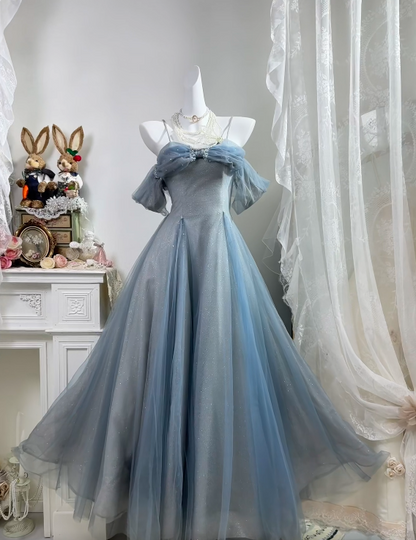 Off The Shoulder Blue A Line Formal Prom Dress Birthday Dress  P1834