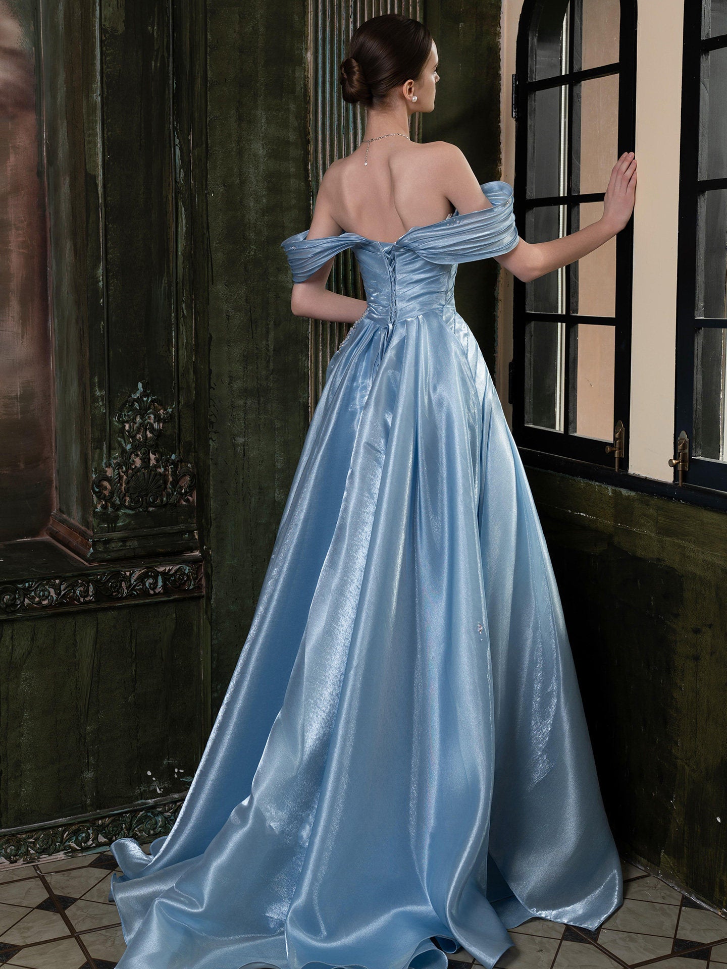 Off The Shoulder Blue A Line Prom Dress  with Pearls  P1109