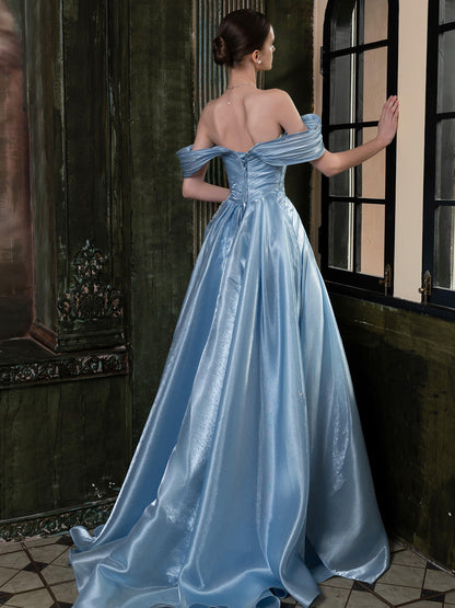 Off The Shoulder Blue A Line Prom Dress  with Pearls  P1109