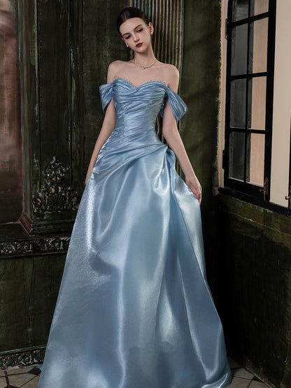 Off The Shoulder Blue A Line Prom Dress  with Pearls  P1109
