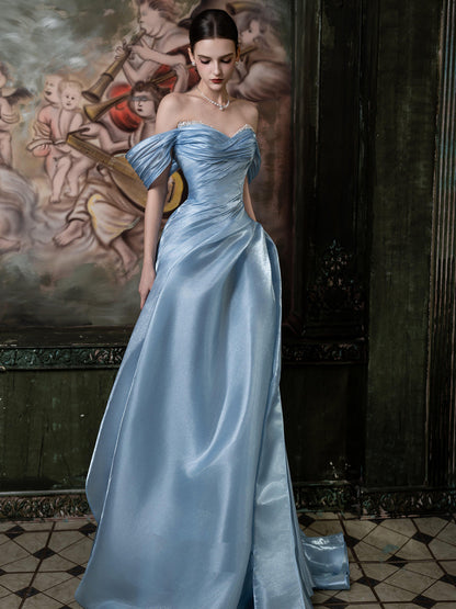 Off The Shoulder Blue A Line Prom Dress  with Pearls  P1109