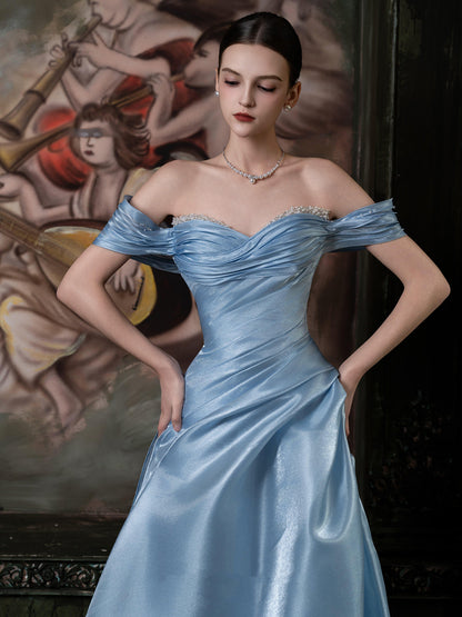 Off The Shoulder Blue A Line Prom Dress  with Pearls  P1109