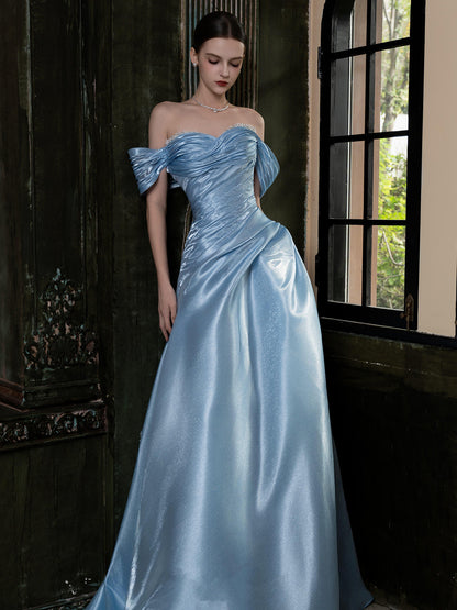 Off The Shoulder Blue A Line Prom Dress  with Pearls  P1109