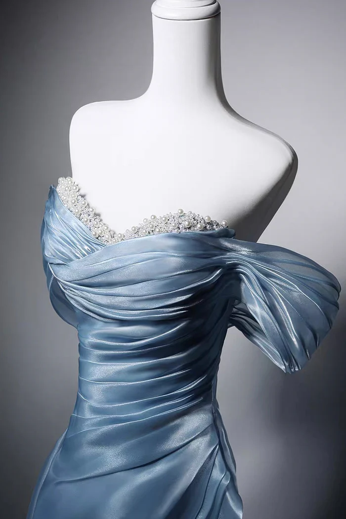 Off The Shoulder Blue Evening Gown A-Line Pearl Beaded Prom Dress  P640