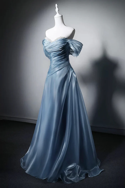 Off The Shoulder Blue Evening Gown A-Line Pearl Beaded Prom Dress  P640