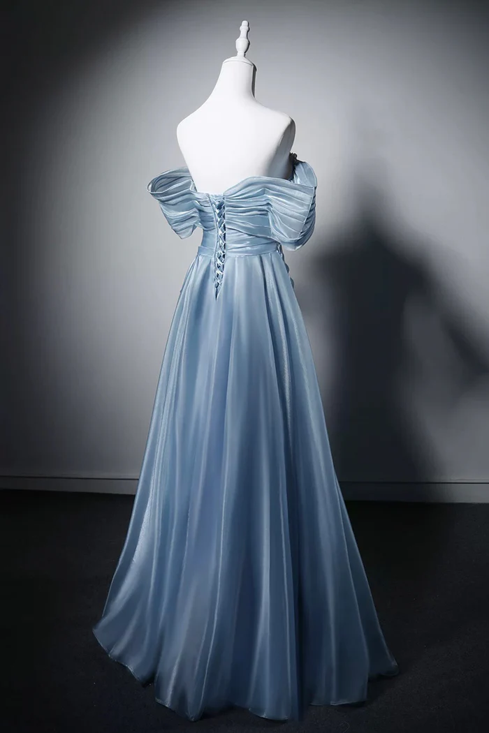 Off The Shoulder Blue Evening Gown A-Line Pearl Beaded Prom Dress  P640