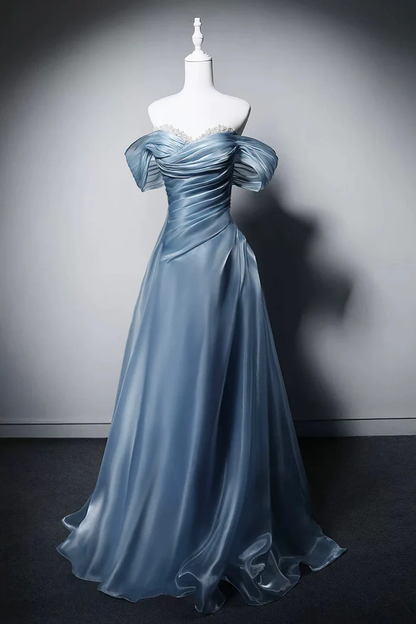 Off The Shoulder Blue Evening Gown A-Line Pearl Beaded Prom Dress  P640
