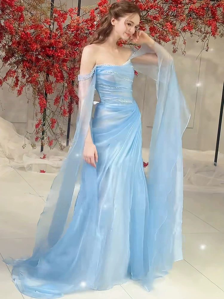 Off The Shoulder Blue Prom Dress Beaded Fairy Birthday Dress  P1403