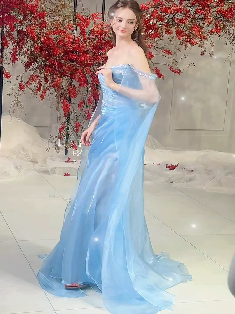 Off The Shoulder Blue Prom Dress Beaded Fairy Birthday Dress  P1403