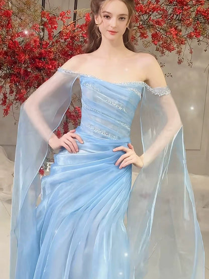Off The Shoulder Blue Prom Dress Beaded Fairy Birthday Dress  P1403