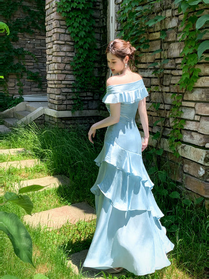 Off The Shoulder Blue Prom Dress Ruffled Evening Gown  P1651