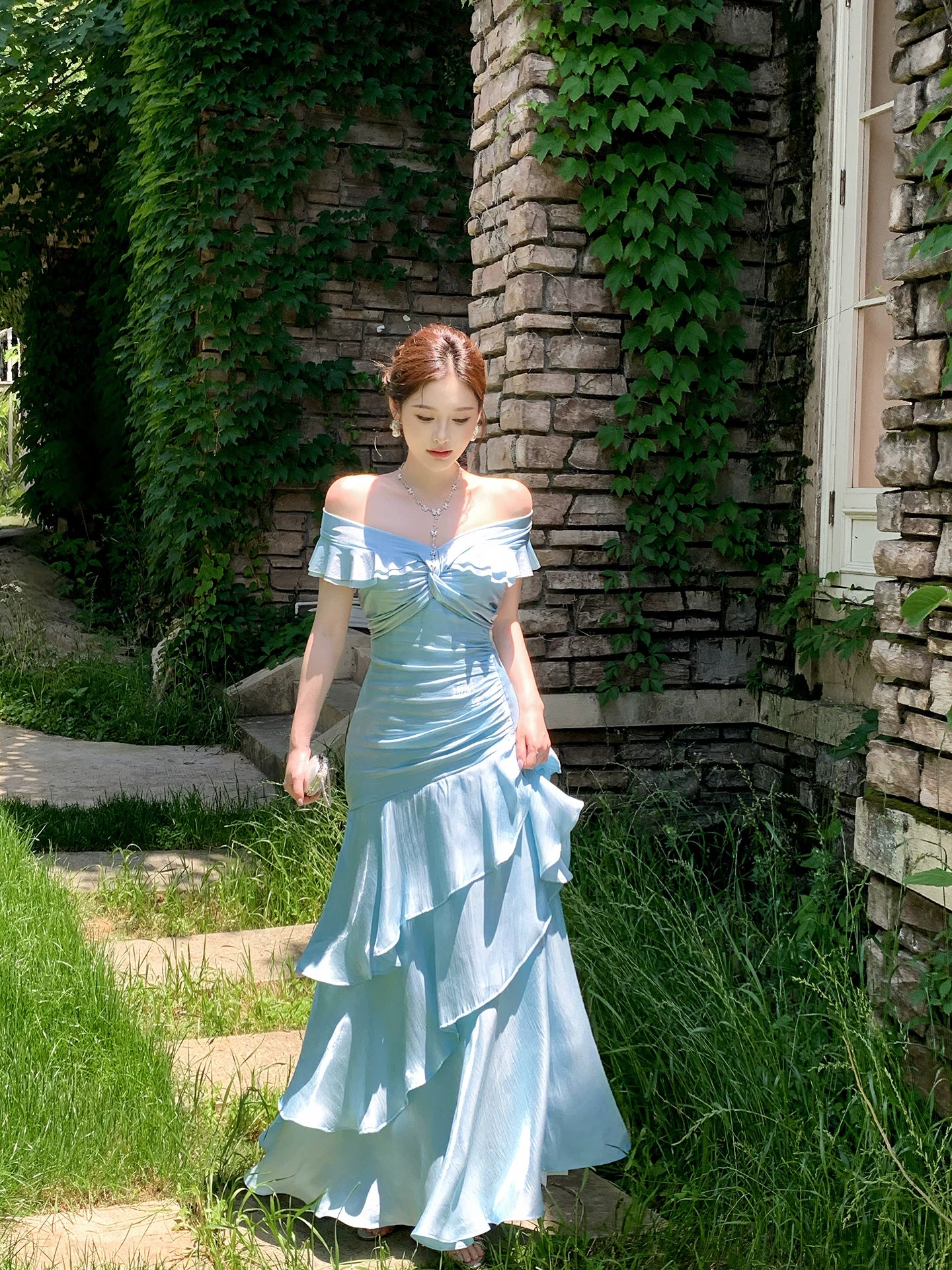 Off The Shoulder Blue Prom Dress Ruffled Evening Gown  P1651