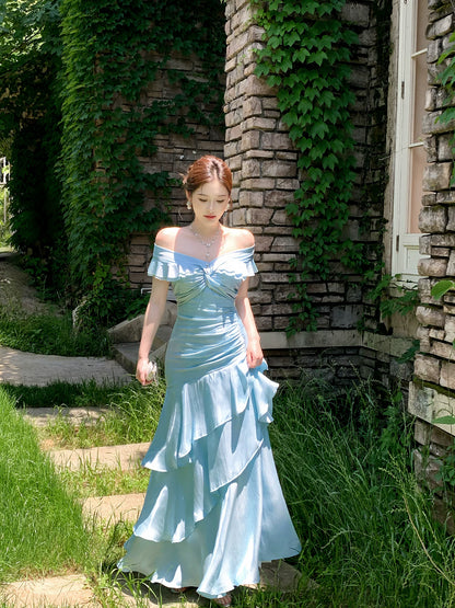 Off The Shoulder Blue Prom Dress Ruffled Evening Gown  P1651
