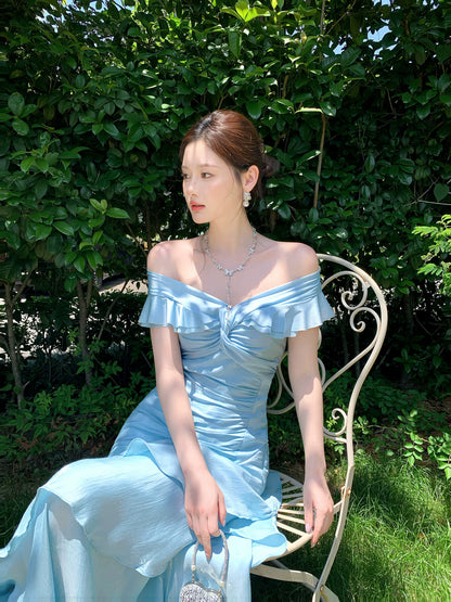 Off The Shoulder Blue Prom Dress Ruffled Evening Gown  P1651