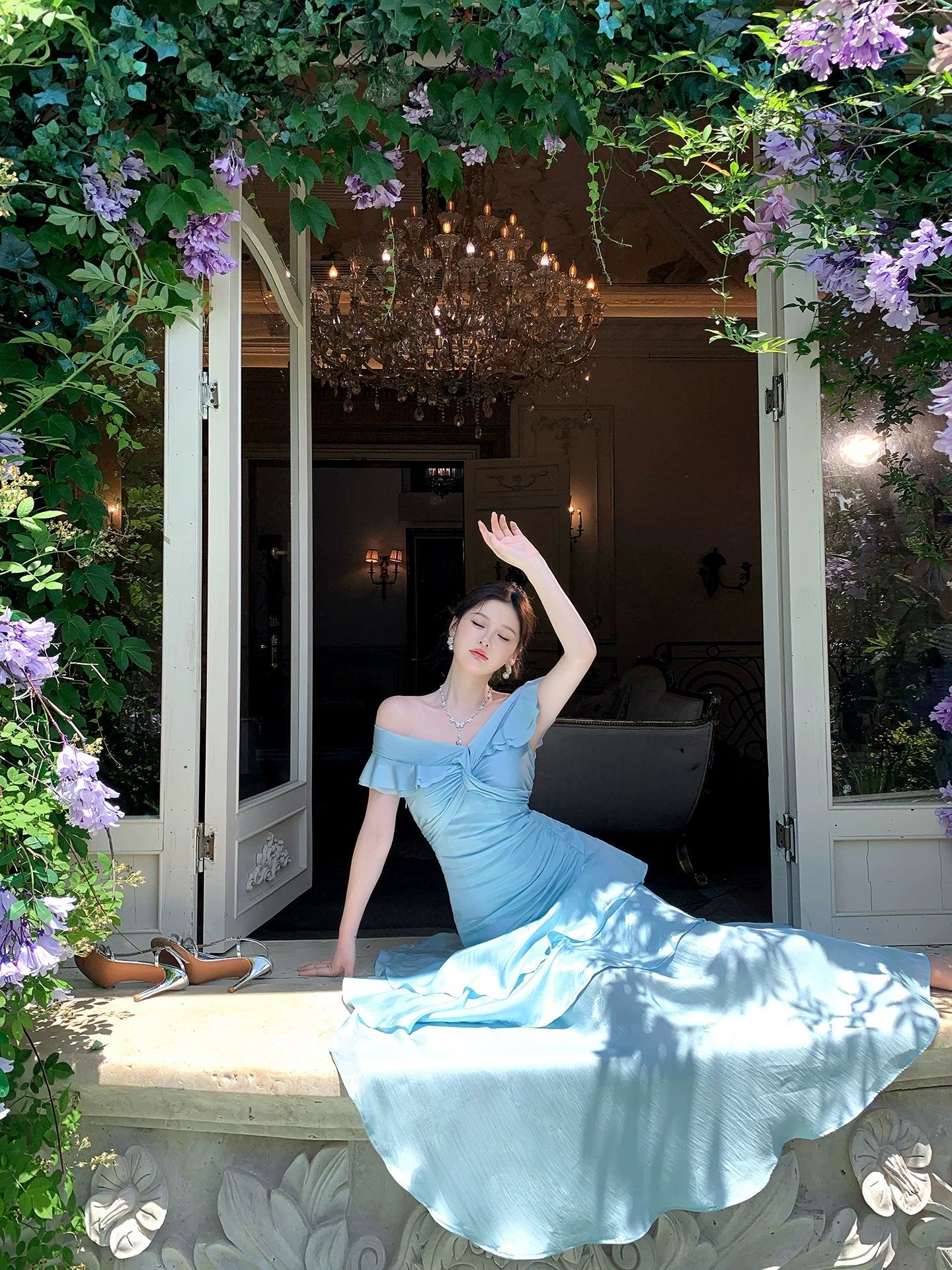 Off The Shoulder Blue Prom Dress Ruffled Evening Gown  P1651