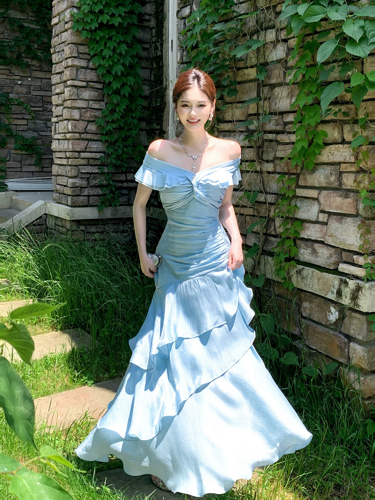 Off The Shoulder Blue Prom Dress Ruffled Evening Gown  P1651