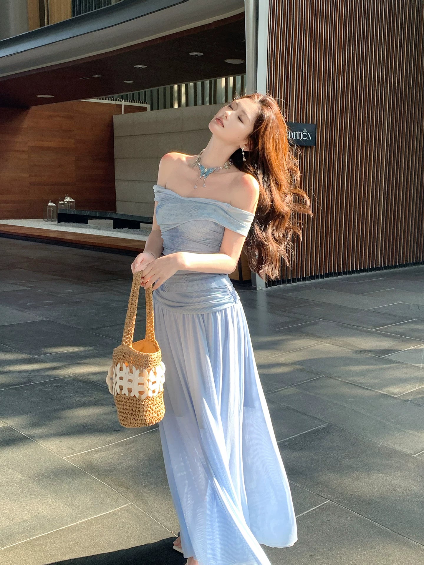 Off The Shoulder Blue  Sheath Summer Dress   L147
