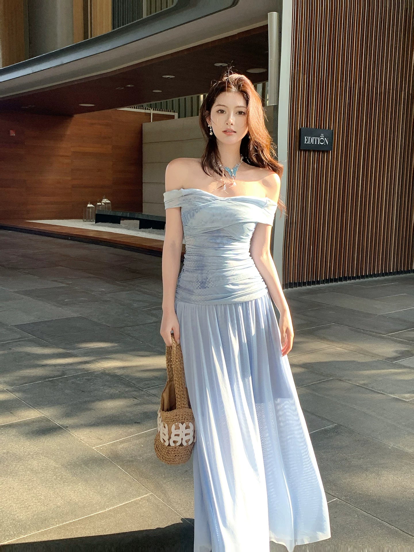 Off The Shoulder Blue  Sheath Summer Dress   L147