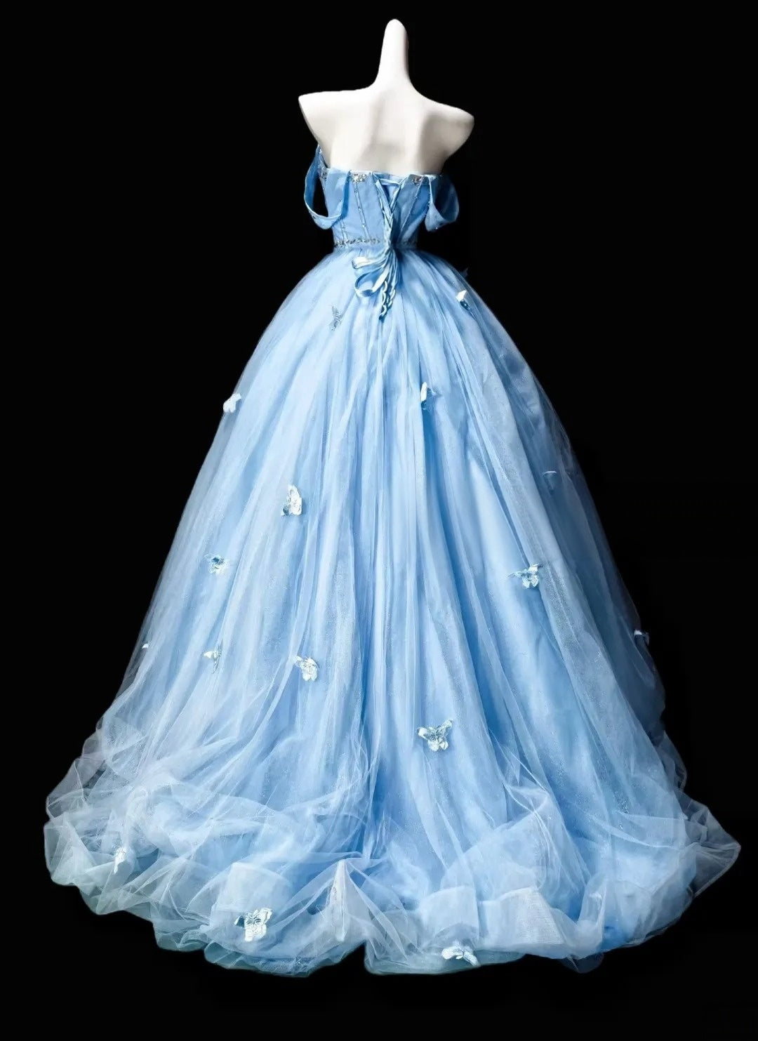 Off The Shoulder Blue Tulle Prom Dress A Line Formal Prom Dress  P1824