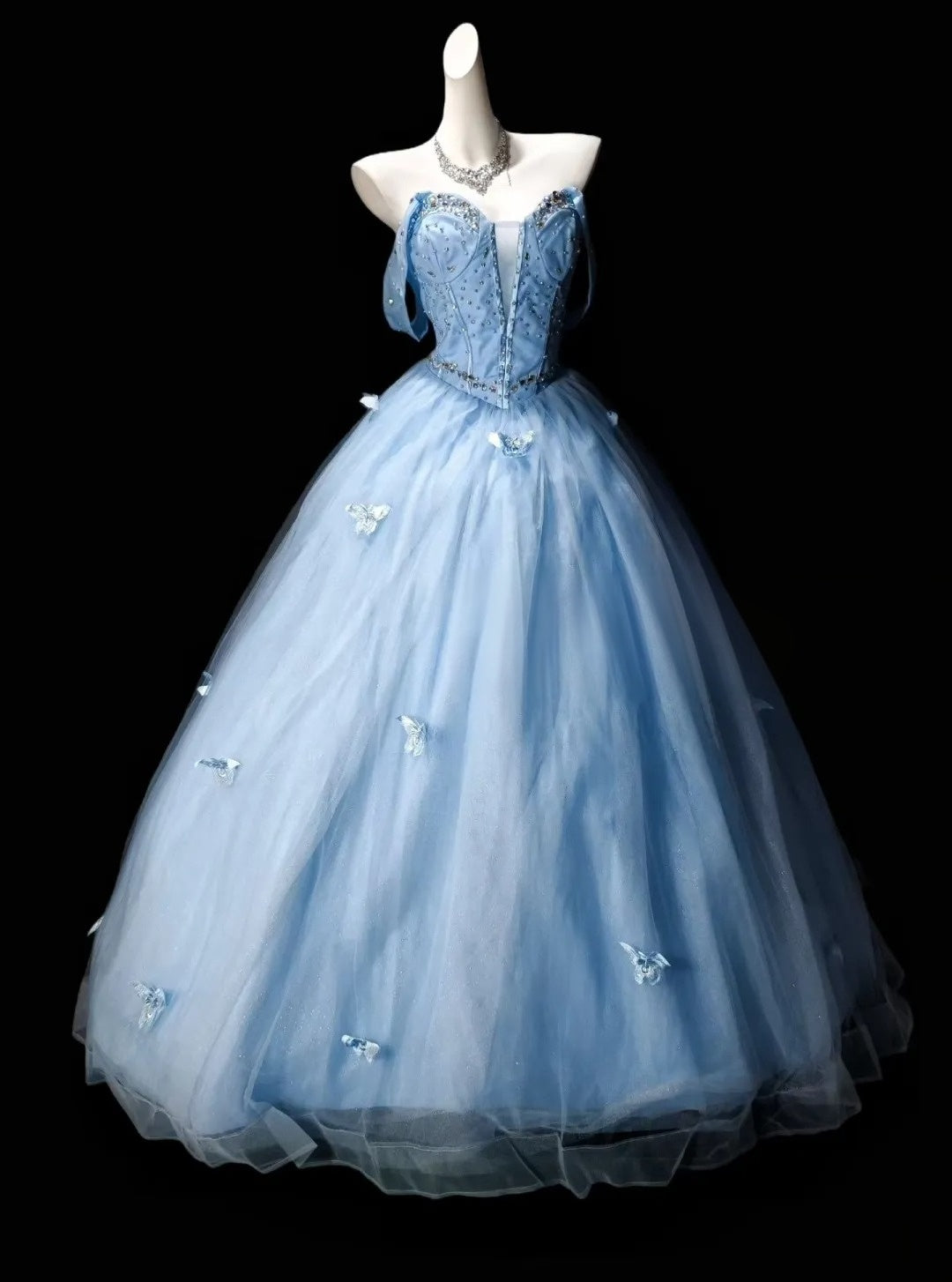 Off The Shoulder Blue Tulle Prom Dress A Line Formal Prom Dress  P1824