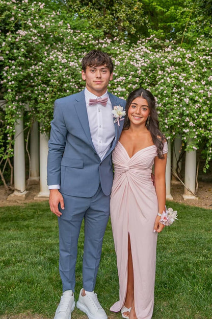 Off The Shoulder Blush Pink Knot Maxi Dress With Slit  P2484