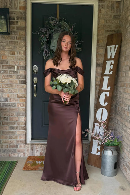 Off The Shoulder Brown Satin Formal Prom Dress  P2481