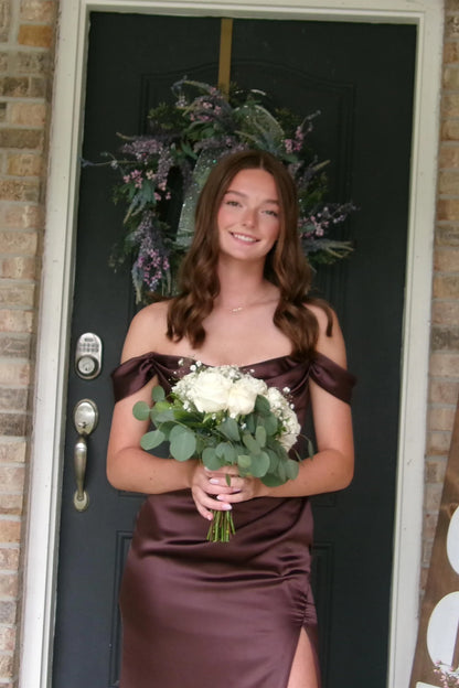 Off The Shoulder Brown Satin Formal Prom Dress  P2481