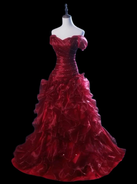 Off The Shoulder Burgundy Ball Gown Quinceanera Dresses Ruffle Birthday Dress P1201