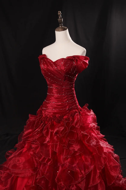 Off The Shoulder Burgundy Ball Gown Quinceanera Dresses Ruffle Birthday Dress P1201