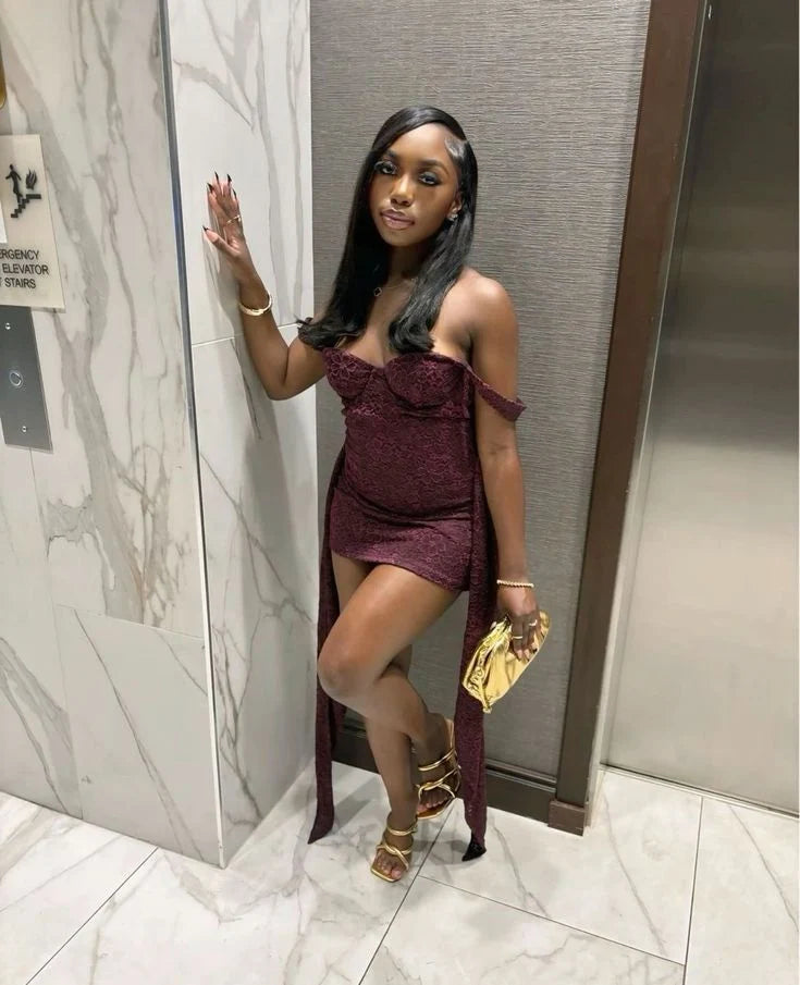 Off The Shoulder Burgundy Lace Homecoming Dress Mini Birthday Dress  P2160