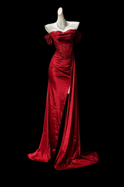 Off The Shoulder Burgundy Mermaid Prom Dress With Slit  P2430