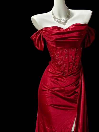 Off The Shoulder Burgundy Mermaid Prom Dress With Slit  P2430