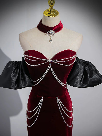Off The Shoulder  Burgundy Mermaid Prom Dress with Pearls  P1267
