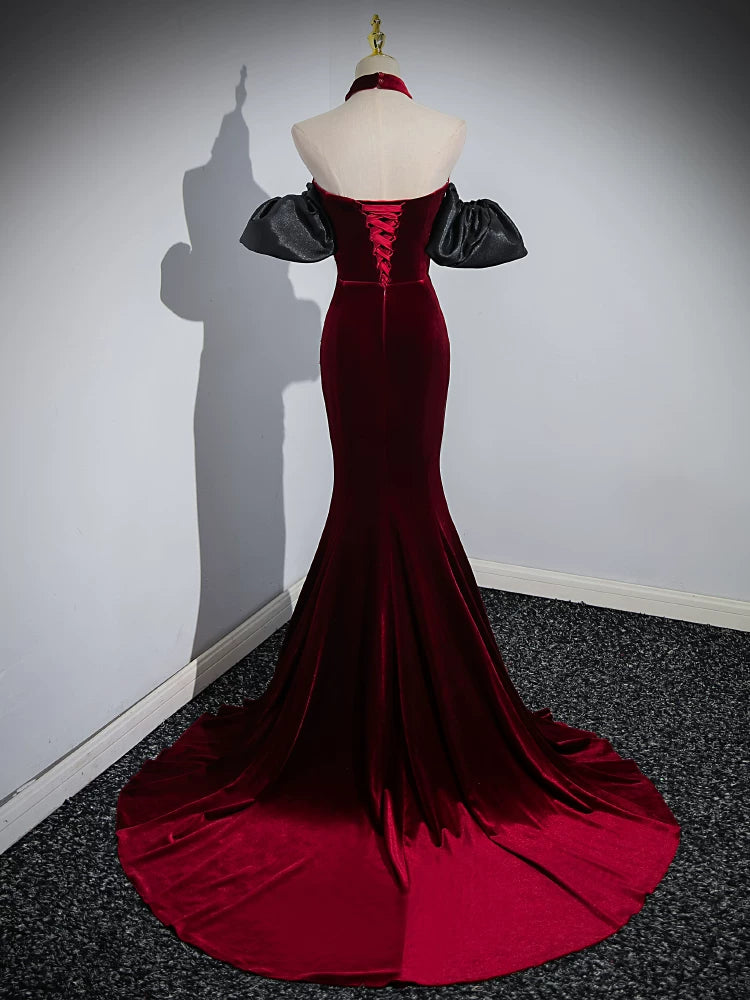 Off The Shoulder  Burgundy Mermaid Prom Dress with Pearls  P1267