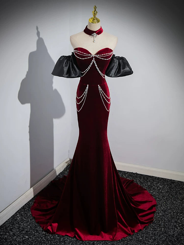 Off The Shoulder  Burgundy Mermaid Prom Dress with Pearls  P1267