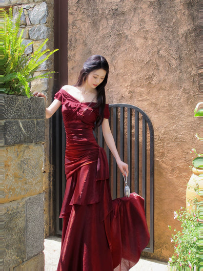 Off The Shoulder Burgundy Prom Dress Layered Ruffle Birthday Dress  P1307