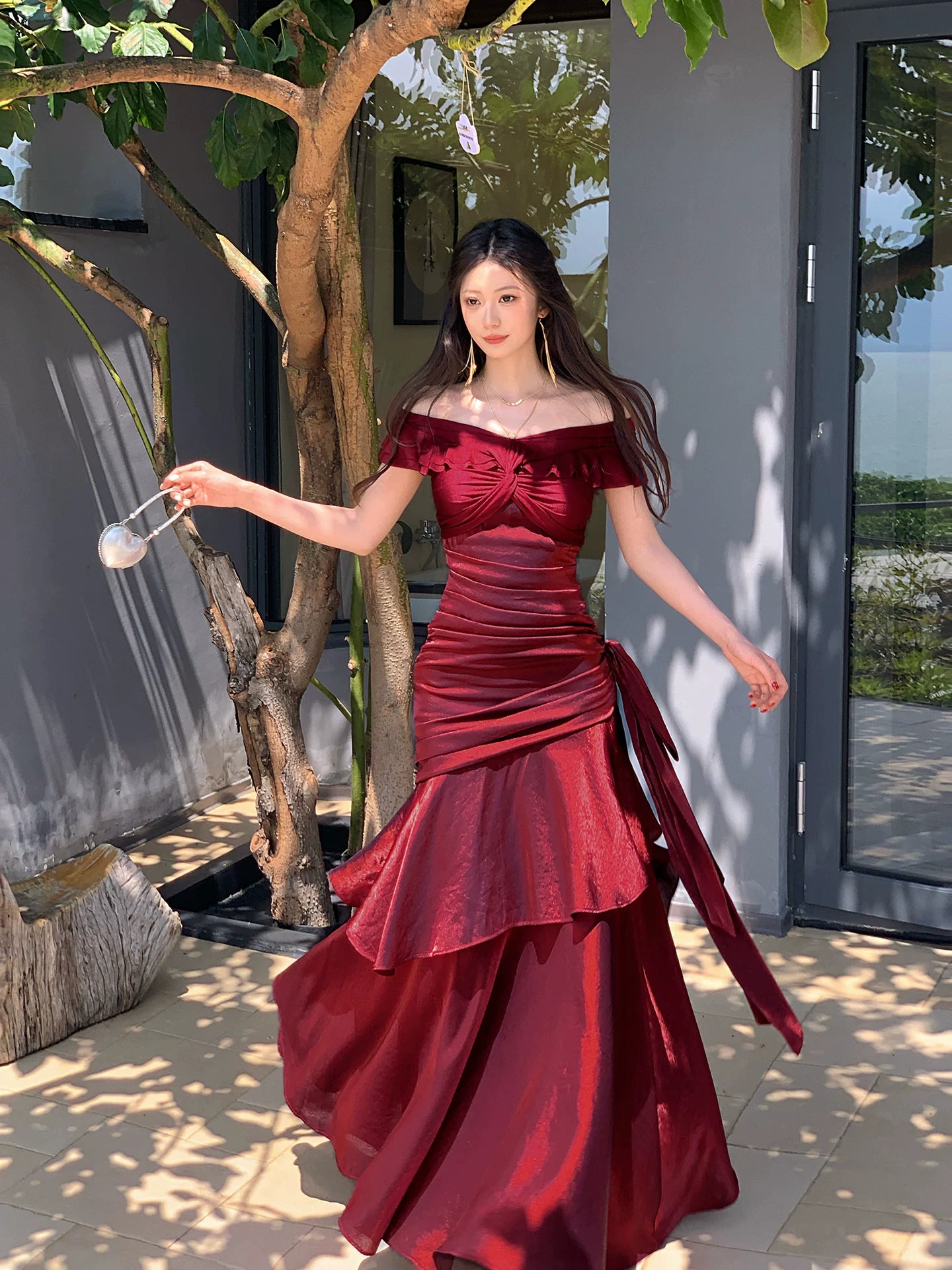 Off The Shoulder Burgundy Prom Dress Layered Ruffle Birthday Dress  P1307