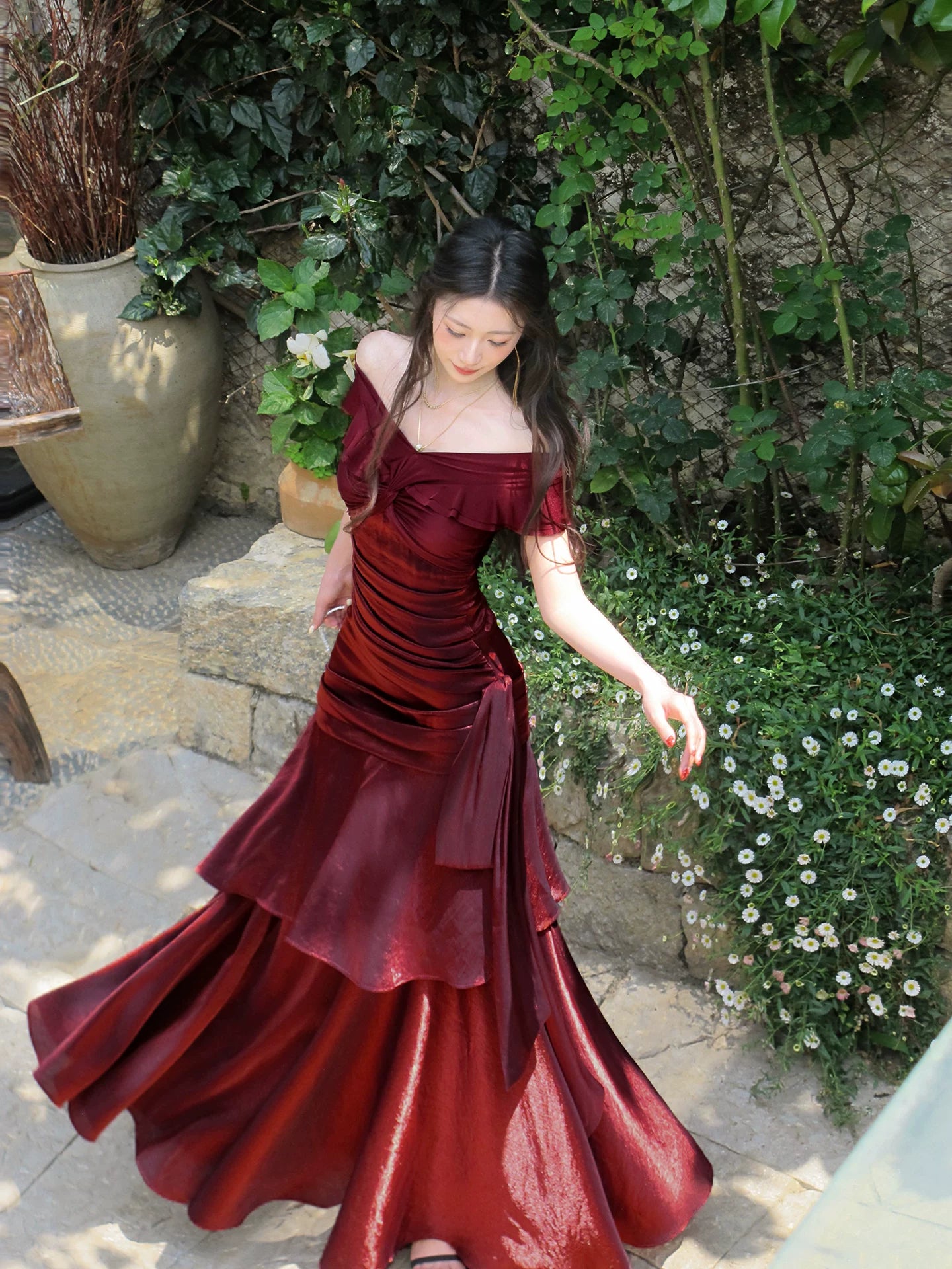 Off The Shoulder Burgundy Prom Dress Layered Ruffle Birthday Dress  P1307