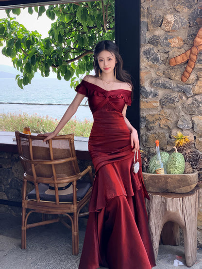Off The Shoulder Burgundy Prom Dress Layered Ruffle Birthday Dress  P1307