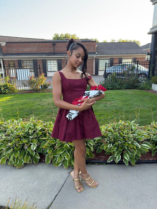 Off The Shoulder Burgundy Satin Homecoming Dress Short Birthday Dress  P1423