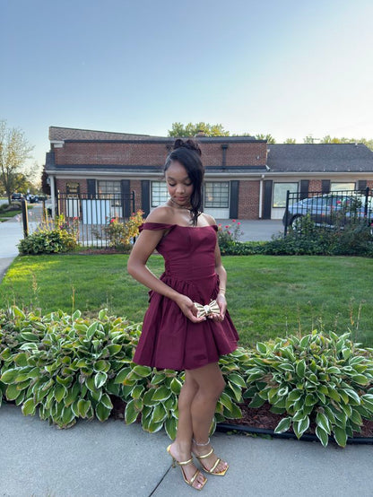 Off The Shoulder Burgundy Satin Homecoming Dress Short Birthday Dress  P1423