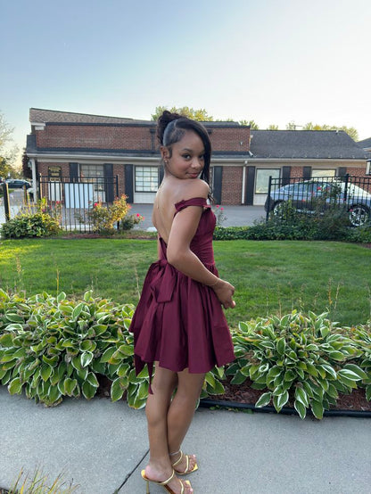 Off The Shoulder Burgundy Satin Homecoming Dress Short Birthday Dress  P1423