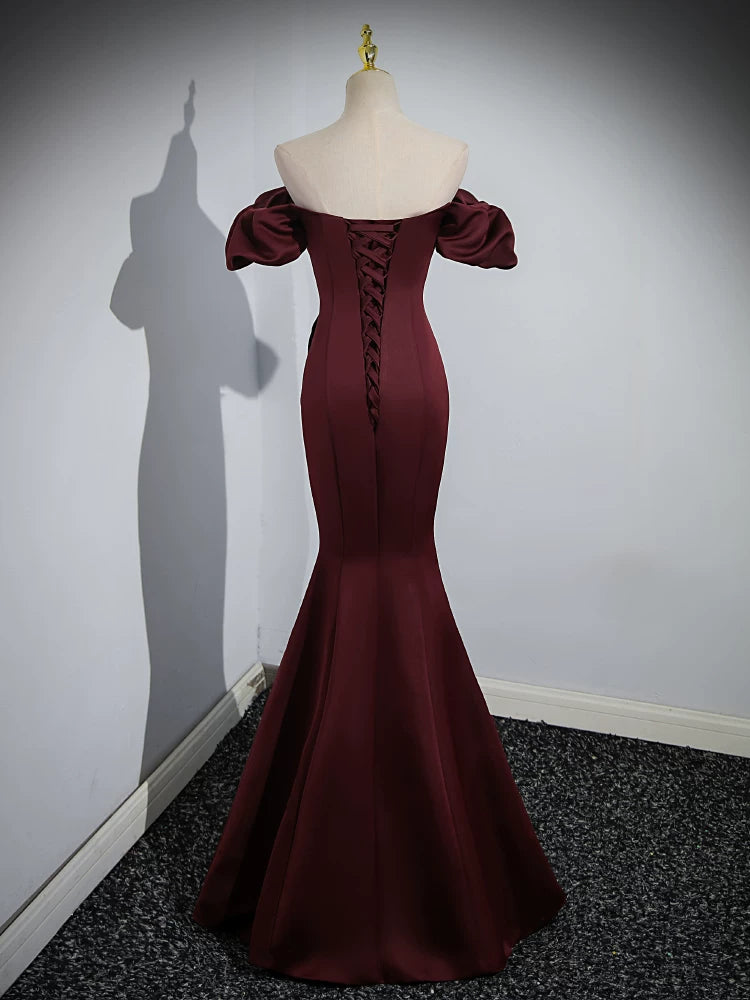 Off The Shoulder Burgundy Satin Mermaid Prom Dress Lace Up Back Evening Gown  P1255