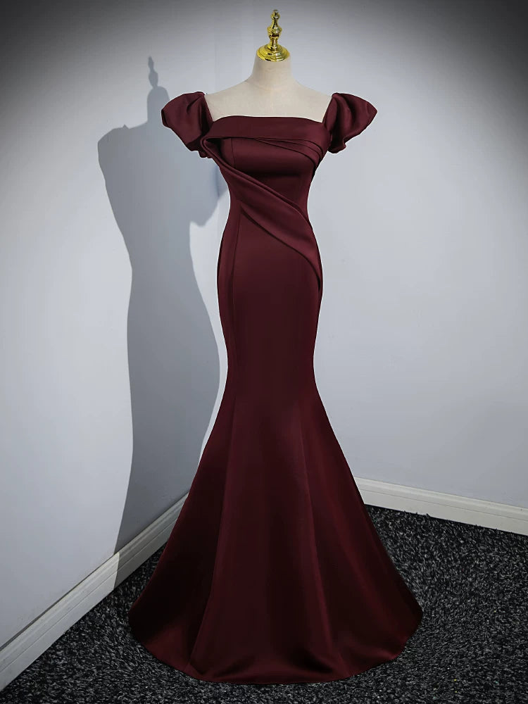 Off The Shoulder Burgundy Satin Mermaid Prom Dress Lace Up Back Evening Gown  P1255