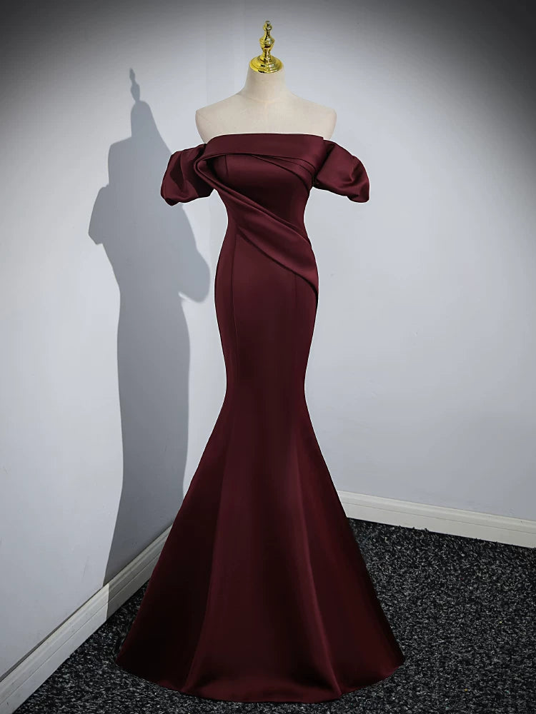 Off The Shoulder Burgundy Satin Mermaid Prom Dress Lace Up Back Evening Gown  P1255