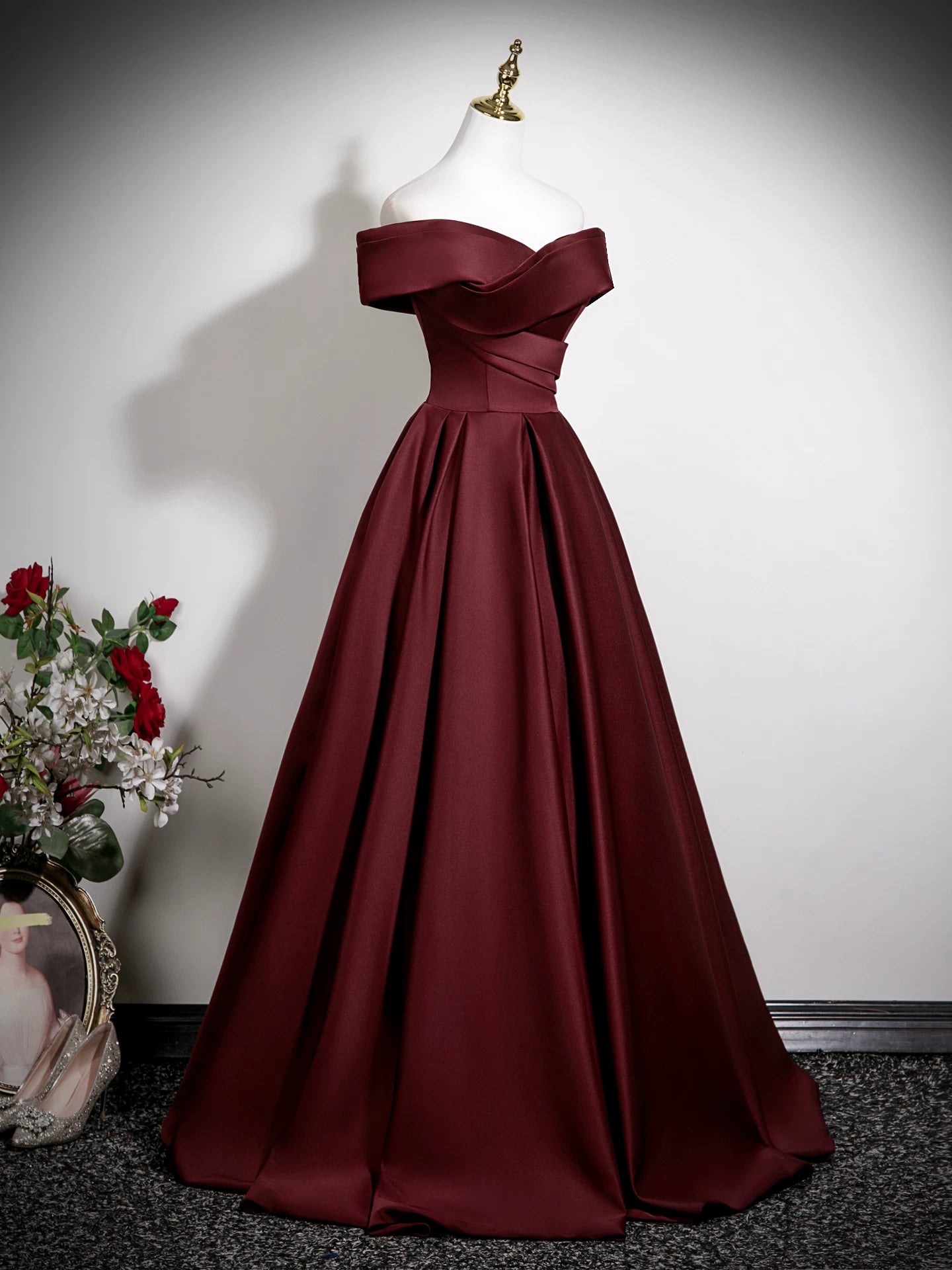 Off The Shoulder Burgundy Satin Prom Dress A Line Evening Dress for Teens  P1257