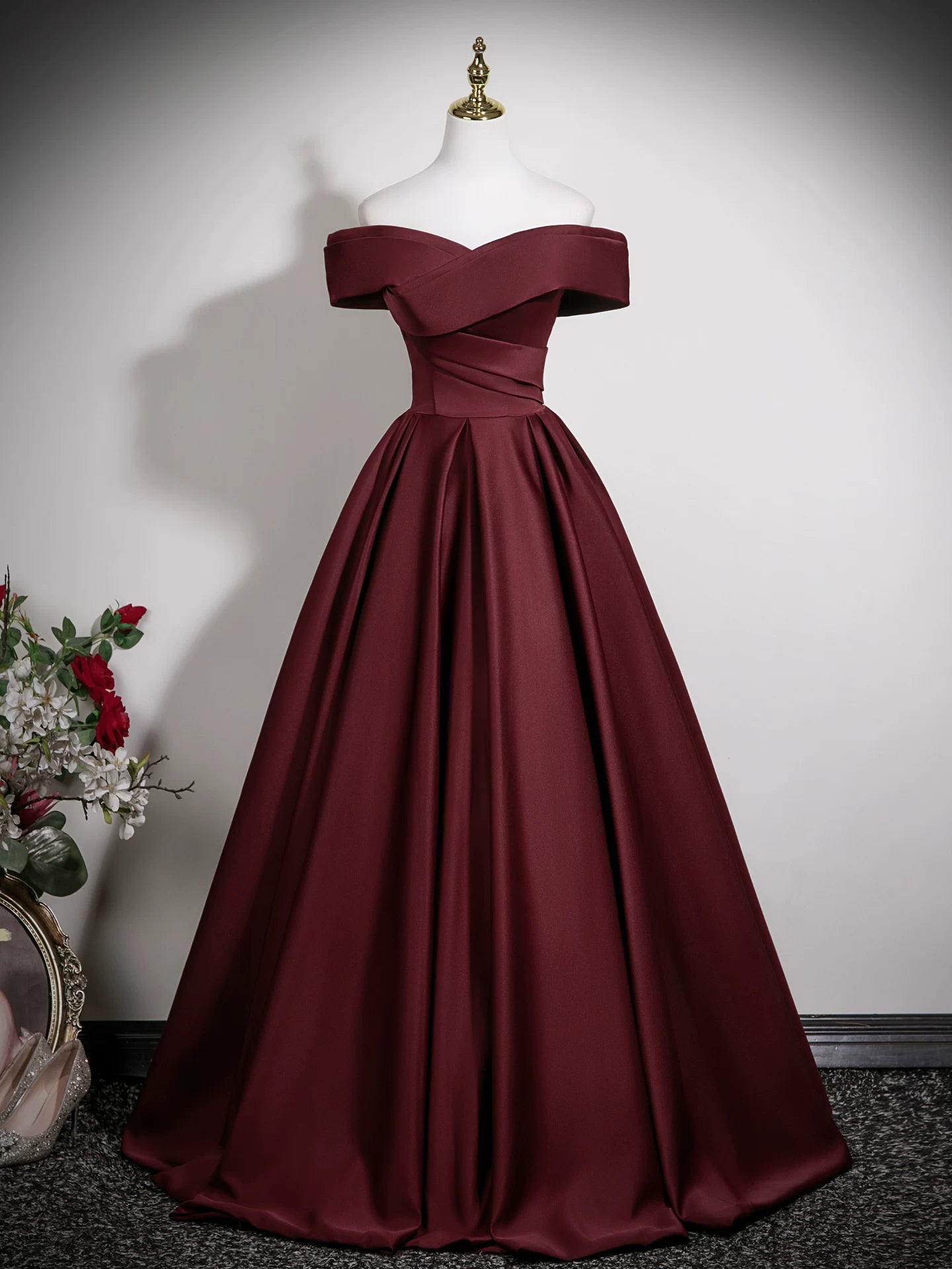 Off The Shoulder Burgundy Satin Prom Dress A Line Evening Dress for Teens  P1257