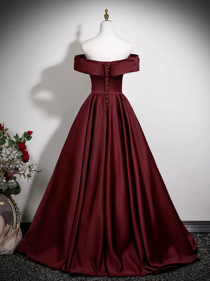 Off The Shoulder Burgundy Satin Prom Dress A Line Evening Dress for Teens  P1257